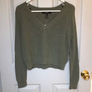 Olive Green Cropped V-Neck Sweater
